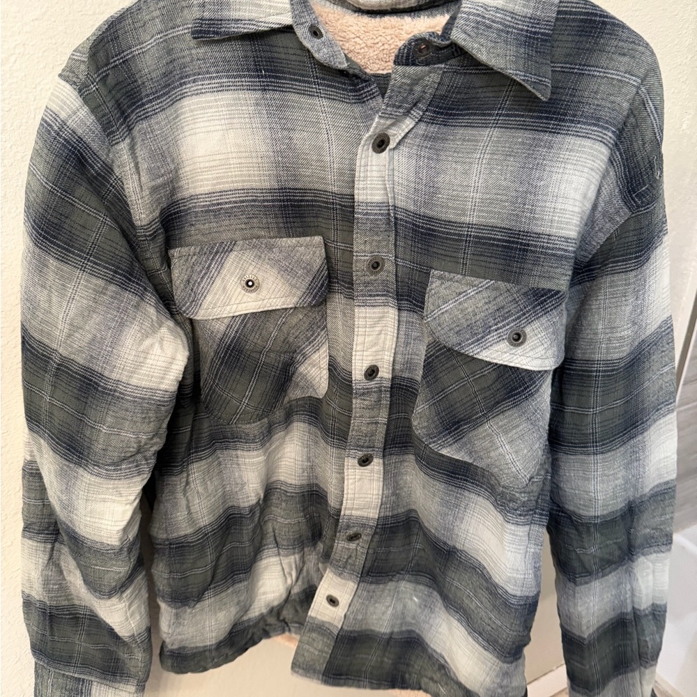 Men's Black and Gray Plaid Flannel Fleece Lined Jacket